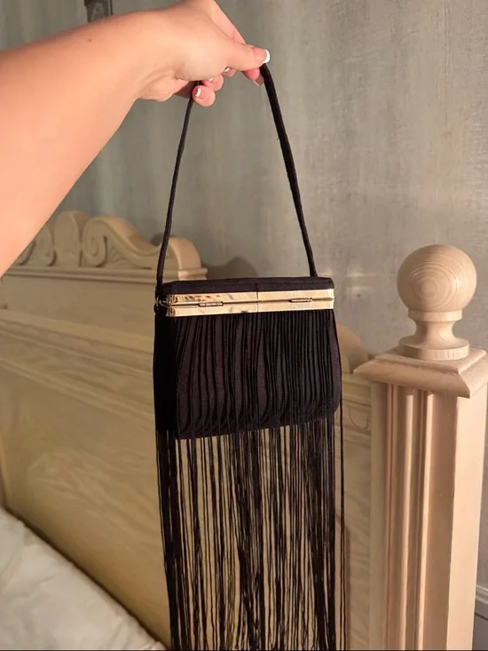 Black Fringe Evening Bag with Gold Accent - Picture 4 of 6